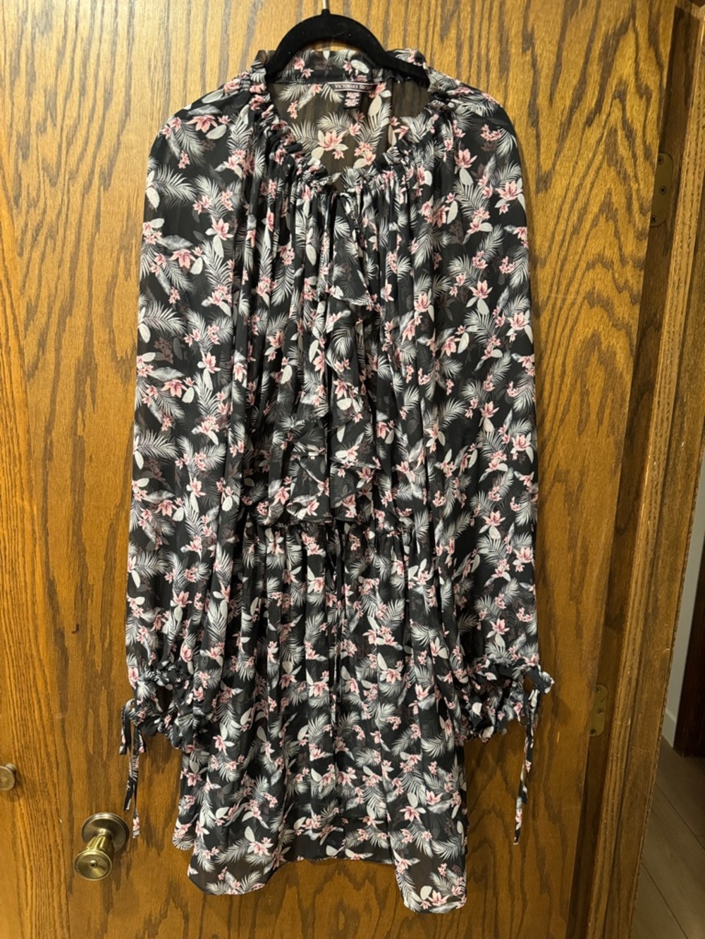 Victoria's Secret Black Floral Swim Coverup with Pink and White Accents